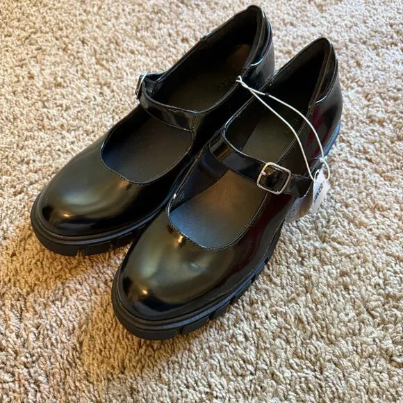 NWT Old Navy Faux Leather Chunky 2-1/2" Heel Mary Jane Black Shoes - Picture 3 of 9